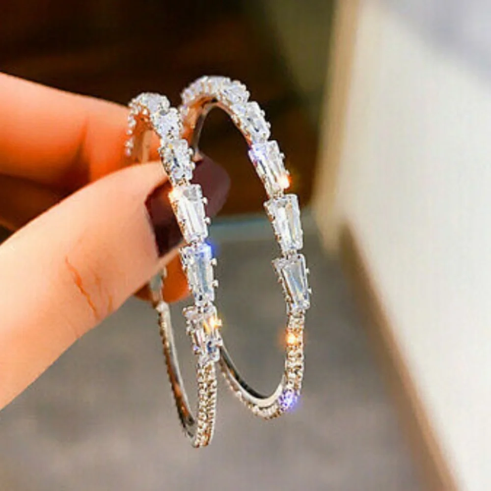 NWT DIAMOND Luxury Sterling Silver Hoop Earrings - Picture 1 of 7
